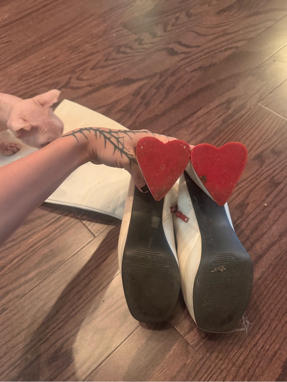 White Women's Heels with Red Heart Soles